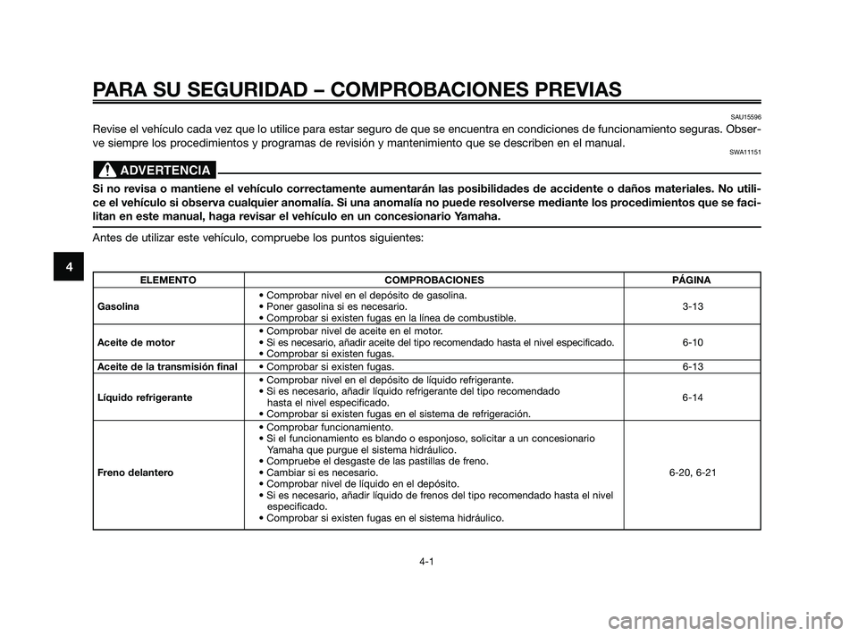 YAMAHA XMAX 125 2010  Manuale de Empleo (in Spanish) PARA SU SEGURIDAD – COMPROBACIONES PREVIAS
4-1
4
SAU15596
Revise el vehículo cada vez que lo utilice para estar seguro de que se encuentra en condiciones de funcionamiento seguras. Obser-
ve siempr