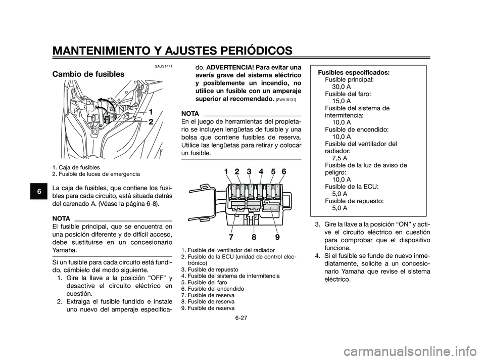 YAMAHA XMAX 125 2010  Manuale de Empleo (in Spanish) SAUS1771
Cambio de fusibles
1. Caja de fusibles 
2. Fusible de luces de emergencia
La caja de fusibles, que contiene los fusi-
bles para cada circuito, está situada detrás
del carenado A. (Véase la