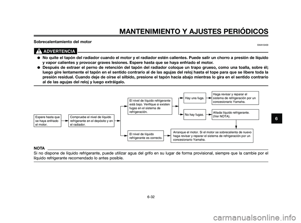 YAMAHA XMAX 125 2010  Manuale de Empleo (in Spanish) Sobrecalentamiento del motorSWA10400
No quite el tapón del radiador cuando el motor y el radiador estén calientes. Puede salir un chorro a presión de líquido
y vapor calientes y provocar graves l