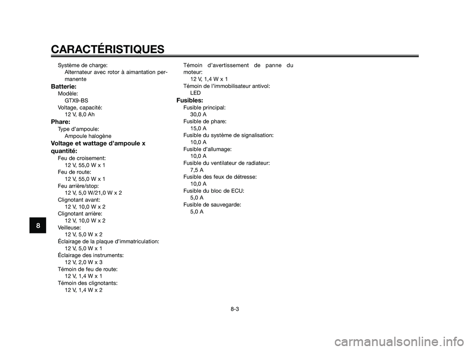 YAMAHA XMAX 125 2010  Notices Demploi (in French) Système de charge:
Alternateur avec rotor à aimantation per-
manente
Batterie:Modèle:
GTX9-BS
Voltage, capacité:
12 V, 8,0 Ah
Phare:Type d’ampoule:
Ampoule halogène
Voltage et wattage d’ampou