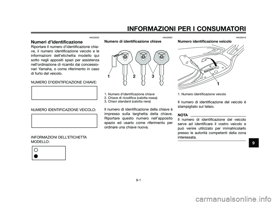YAMAHA XMAX 125 2010  Manuale duso (in Italian) HAU26352
Numeri d’identificazione
Riportare il numero d’identificazione chia-
ve, il numero identificazione veicolo e le
informazioni dell’etichetta modello qui
sotto negli appositi spazi per as