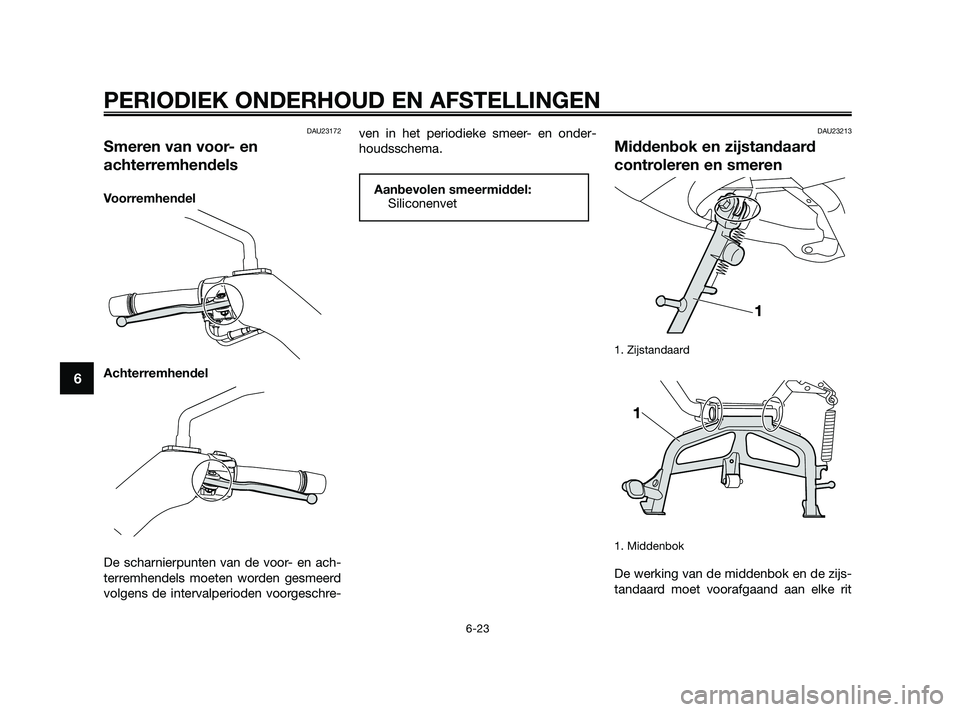 YAMAHA XMAX 125 2010  Instructieboekje (in Dutch) DAU23172
Smeren van voor- en
achterremhendels
Voorremhendel
Achterremhendel
De scharnierpunten van de voor- en ach-
terremhendels moeten worden gesmeerd
volgens de intervalperioden voorgeschre-ven in 
