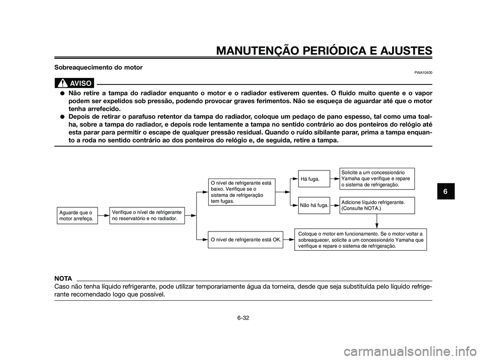 YAMAHA XMAX 125 2010  Manual de utilização (in Portuguese) Sobreaquecimento do motorPWA10400
Não retire a tampa do radiador enquanto o motor e o radiador estiverem quentes. O fluido muito quente e o vapor
podem ser expelidos sob pressão, podendo provocar g