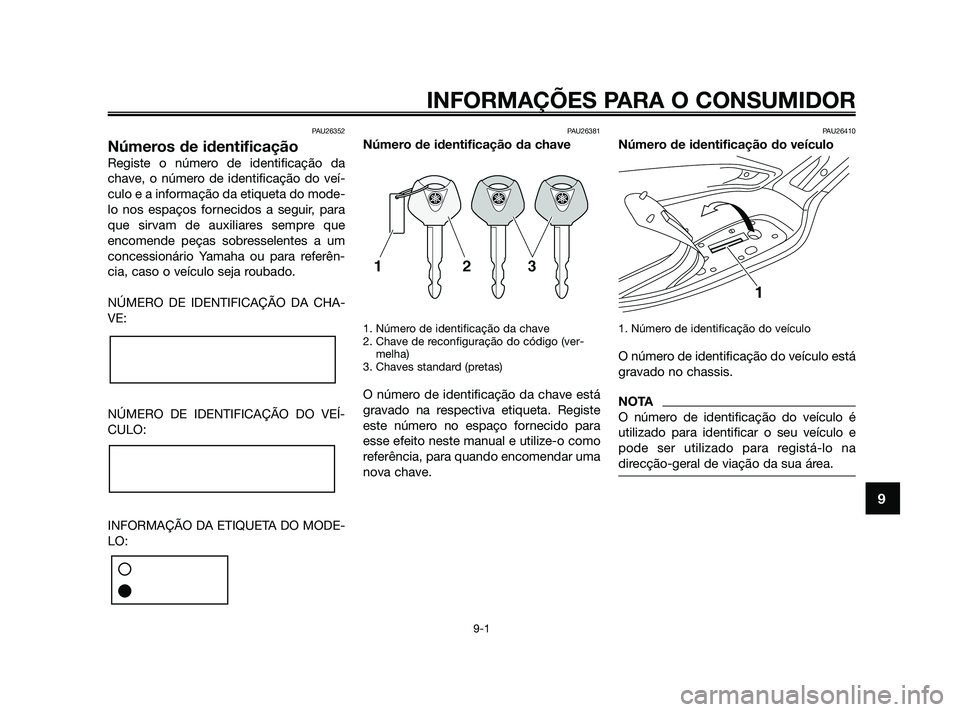 YAMAHA XMAX 125 2010 Manual de utilização (in Portuguese) PAU26352
Números de identificação
Registe o número de identificação da
chave, o número de identificação do veí-
culo e a informação da etiqueta do mode-
lo nos espaços fornecidos a seguir YAMAHA XMAX 125 2010 Manual de utilização (in Portuguese) PAU26352
Números de identificação
Registe o número de identificação da
chave, o número de identificação do veí-
culo e a informação da etiqueta do mode-
lo nos espaços fornecidos a seguir