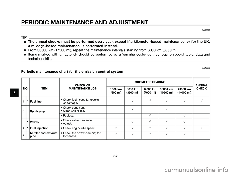 YAMAHA XMAX 125 2009  Owners Manual PERIODIC MAINTENANCE AND ADJUSTMENT
6-2
6
EAU46870
TIP
●The annual checks must be performed every year, except if a kilometer-based maintenance, or for the UK,
a mileage-based maintenance, is perfor