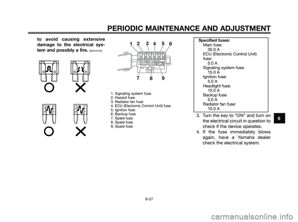 YAMAHA XMAX 125 2009 Repair Manual to avoid causing extensive
damage to the electrical sys-
tem and possibly a fire. 
[EWA15131]
1. Signaling system fuse
2. Hazard fuse
3. Radiator fan fuse
4. ECU (Electronic Control Unit) fuse
5. Igni
