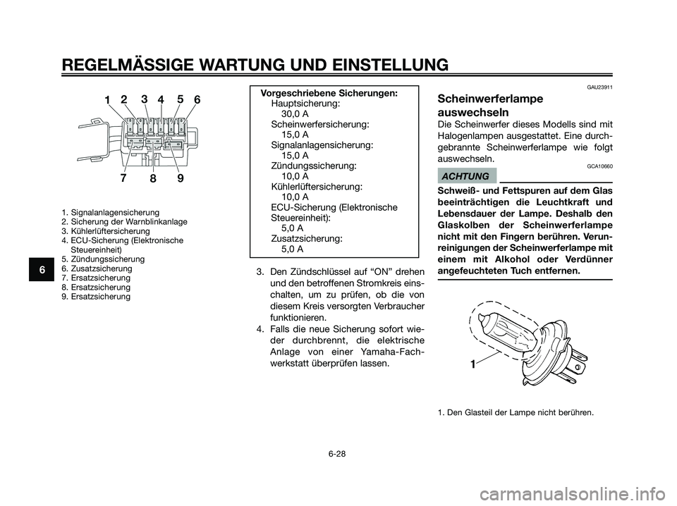 YAMAHA XMAX 125 2009 Betriebsanleitungen (in German) 1. Signalanlagensicherung
2. Sicherung der Warnblinkanlage
3. Kühlerlüftersicherung
4. ECU-Sicherung (Elektronische
Steuereinheit)
5. Zündungssicherung
6. Zusatzsicherung
7. Ersatzsicherung
8. Ers YAMAHA XMAX 125 2009 Betriebsanleitungen (in German) 1. Signalanlagensicherung
2. Sicherung der Warnblinkanlage
3. Kühlerlüftersicherung
4. ECU-Sicherung (Elektronische
Steuereinheit)
5. Zündungssicherung
6. Zusatzsicherung
7. Ersatzsicherung
8. Ers
