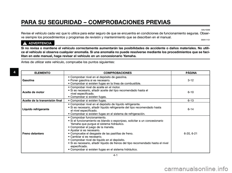 YAMAHA XMAX 125 2009  Manuale de Empleo (in Spanish) PARA SU SEGURIDAD – COMPROBACIONES PREVIAS
4-1
4ELEMENTO COMPROBACIONES PÁGINA
• Comprobar nivel en el depósito de gasolina.
Gasolina• Poner gasolina si es necesario. 3-12
• Comprobar si exi