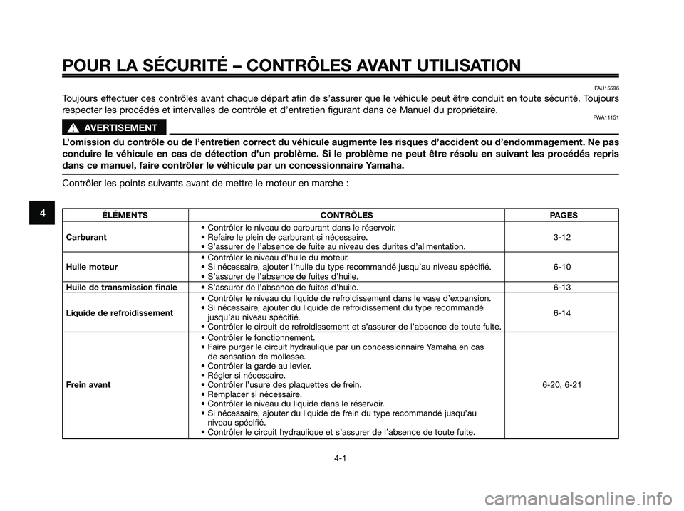 YAMAHA XMAX 125 2009 Notices Demploi (in French)
POUR LA SÉCURITÉ – CONTRÔLES AVANT UTILISATION
4-1
4ÉLÉMENTS CONTRÔLES PAGES• Contrôler le niveau de carburant dans le réservoir.
Carburant • Refaire le plein de carburant si nécessair YAMAHA XMAX 125 2009 Notices Demploi (in French)
POUR LA SÉCURITÉ – CONTRÔLES AVANT UTILISATION
4-1
4ÉLÉMENTS CONTRÔLES PAGES• Contrôler le niveau de carburant dans le réservoir.
Carburant • Refaire le plein de carburant si nécessair
