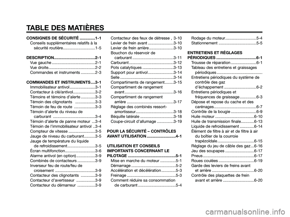 YAMAHA XMAX 125 2009 Notices Demploi (in French) CONSIGNES DE SÉCURITÉ ..............1-1
Conseils supplémentaires relatifs à la
sécurité routière.............................1-5
DESCRIPTION.....................................2-1
Vue gauche . YAMAHA XMAX 125 2009 Notices Demploi (in French) CONSIGNES DE SÉCURITÉ ..............1-1
Conseils supplémentaires relatifs à la
sécurité routière.............................1-5
DESCRIPTION.....................................2-1
Vue gauche .
