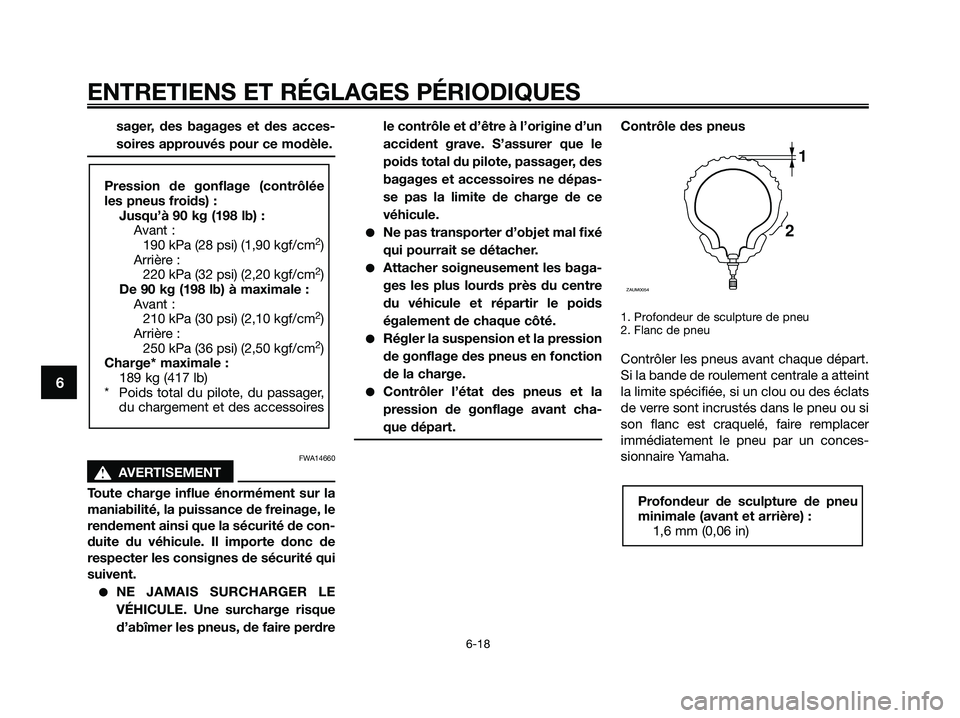 YAMAHA XMAX 125 2009 Notices Demploi (in French) sager, des bagages et des acces-
soires approuvés pour ce modèle.
FWA14660
s s
AVERTISEMENT
Toute charge influe énormément sur la
maniabilité, la puissance de freinage, le
rendement ainsi que la YAMAHA XMAX 125 2009 Notices Demploi (in French) sager, des bagages et des acces-
soires approuvés pour ce modèle.
FWA14660
s s
AVERTISEMENT
Toute charge influe énormément sur la
maniabilité, la puissance de freinage, le
rendement ainsi que la