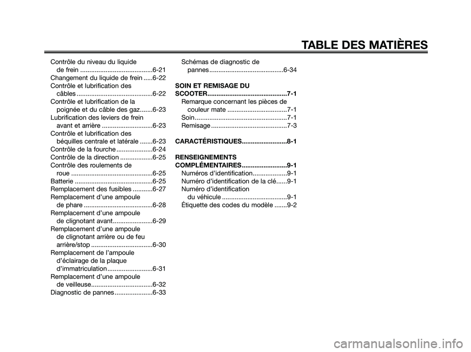 YAMAHA XMAX 125 2009  Notices Demploi (in French) Contrôle du niveau du liquide 
de frein ........................................6-21
Changement du liquide de frein .....6-22
Contrôle et lubrification des 
câbles .................................