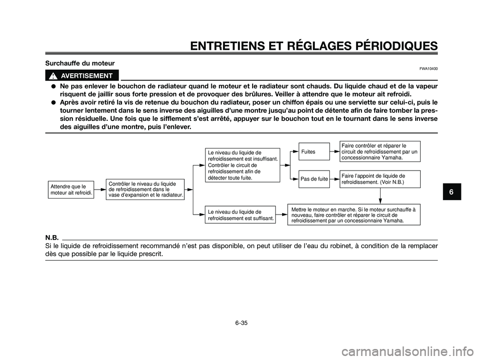 YAMAHA XMAX 125 2009 Notices Demploi (in French) ENTRETIENS ET RÉGLAGES PÉRIODIQUES
6-35
6
Surchauffe du moteurFWA10400
s s
AVERTISEMENT
●Ne pas enlever le bouchon de radiateur quand le moteur et le radiateur sont chauds. Du liquide chaud et de YAMAHA XMAX 125 2009 Notices Demploi (in French) ENTRETIENS ET RÉGLAGES PÉRIODIQUES
6-35
6
Surchauffe du moteurFWA10400
s s
AVERTISEMENT
●Ne pas enlever le bouchon de radiateur quand le moteur et le radiateur sont chauds. Du liquide chaud et de