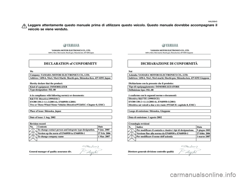 YAMAHA XMAX 125 2009  Manuale duso (in Italian) HAU26945
Leggere attentamente questo manuale prima di utilizzare questo veicolo. Questo manuale dovrebbe accompagnare il
veicolo se viene venduto.
DECLARATION of CONFORMITY
�  	
	
 