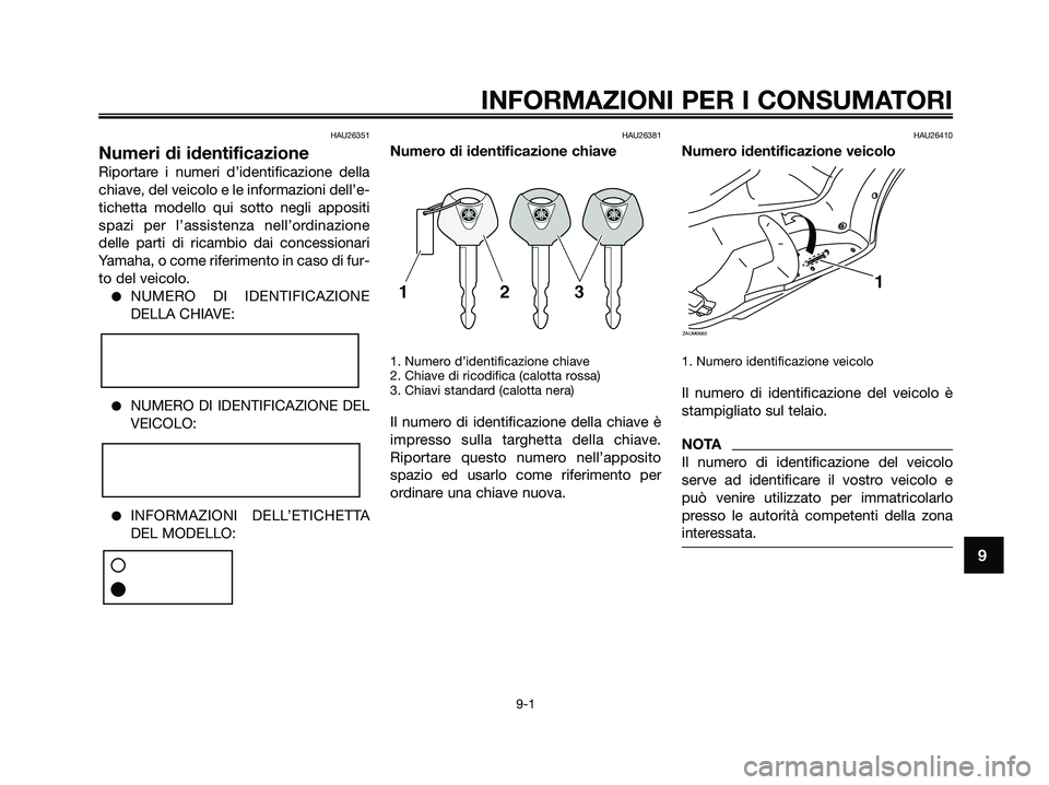 YAMAHA XMAX 125 2009  Manuale duso (in Italian) HAU26351
Numeri di identificazione
Riportare i numeri d’identificazione della
chiave, del veicolo e le informazioni dell’e-
tichetta modello qui sotto negli appositi
spazi per l’assistenza nell