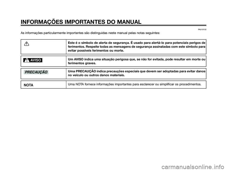 YAMAHA XMAX 125 2009  Manual de utilização (in Portuguese) PAU10132
As informações particularmente importantes são distinguidas neste manual pelas notas seguintes:
INFORMAÇÕES IMPORTANTES DO MANUAL
Este é o símbolo de alerta de segurança. É usado par