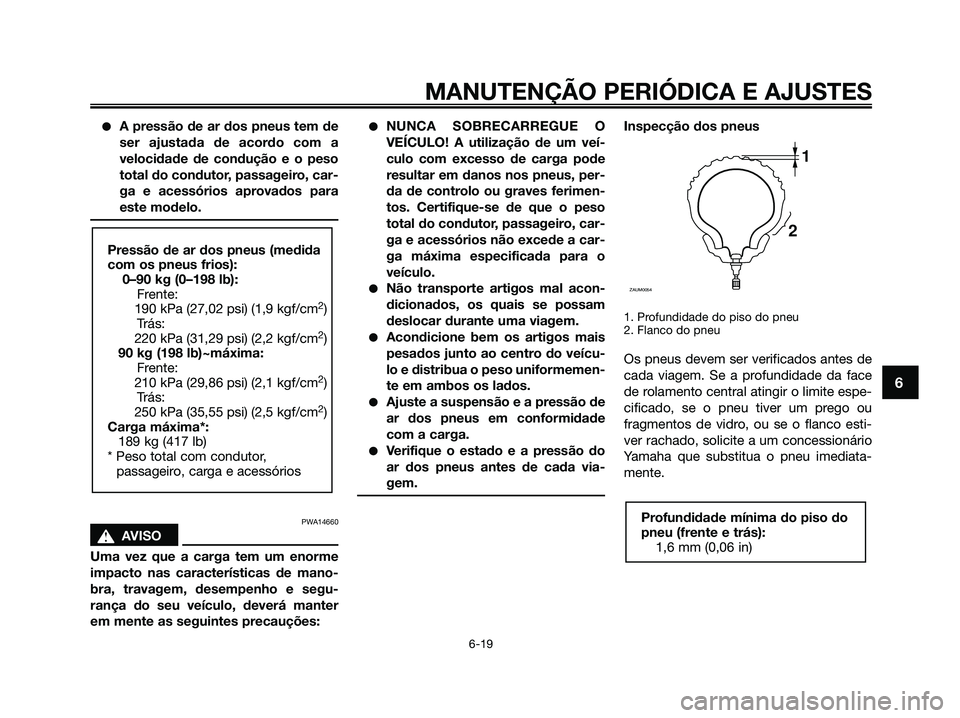YAMAHA XMAX 125 2009 Manual de utilização (in Portuguese) ●A pressão de ar dos pneus tem de
ser ajustada de acordo com a
velocidade de condução e o peso
total do condutor, passageiro, car-
ga e acessórios aprovados para
este modelo.
PWA14660
s s
AVISO
YAMAHA XMAX 125 2009 Manual de utilização (in Portuguese) ●A pressão de ar dos pneus tem de
ser ajustada de acordo com a
velocidade de condução e o peso
total do condutor, passageiro, car-
ga e acessórios aprovados para
este modelo.
PWA14660
s s
AVISO