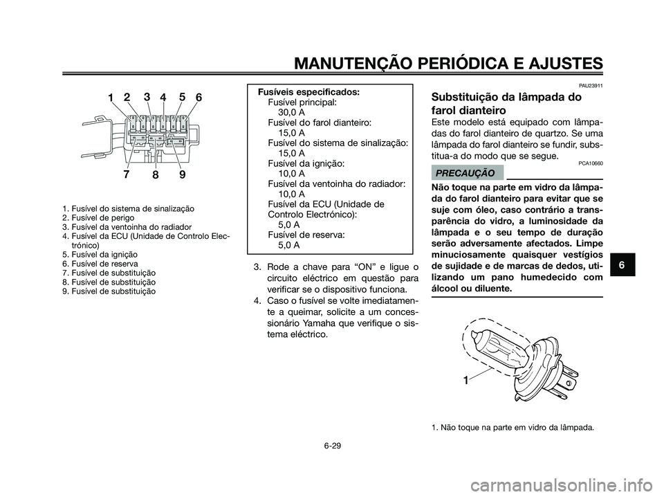 YAMAHA XMAX 125 2009 Manual de utilização (in Portuguese) 1. Fusível do sistema de sinalização
2. Fusível de perigo
3. Fusível da ventoinha do radiador
4. Fusível da ECU (Unidade de Controlo Elec-
trónico)
5. Fusível da ignição
6. Fusível de reser YAMAHA XMAX 125 2009 Manual de utilização (in Portuguese) 1. Fusível do sistema de sinalização
2. Fusível de perigo
3. Fusível da ventoinha do radiador
4. Fusível da ECU (Unidade de Controlo Elec-
trónico)
5. Fusível da ignição
6. Fusível de reser