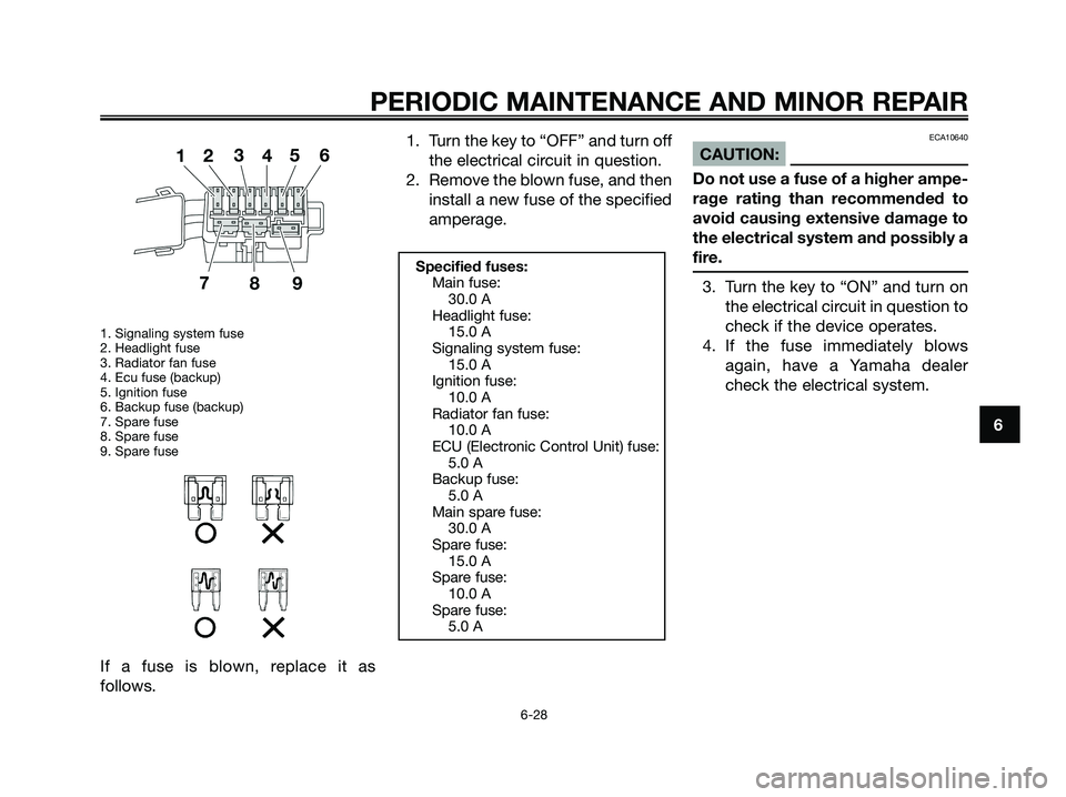 YAMAHA XMAX 125 2008 Repair Manual 1. Signaling system fuse
2. Headlight fuse
3. Radiator fan fuse
4. Ecu fuse (backup)
5. Ignition fuse
6. Backup fuse (backup)
7. Spare fuse
8. Spare fuse
9. Spare fuse
If a fuse is blown, replace it a YAMAHA XMAX 125 2008 Repair Manual 1. Signaling system fuse
2. Headlight fuse
3. Radiator fan fuse
4. Ecu fuse (backup)
5. Ignition fuse
6. Backup fuse (backup)
7. Spare fuse
8. Spare fuse
9. Spare fuse
If a fuse is blown, replace it a