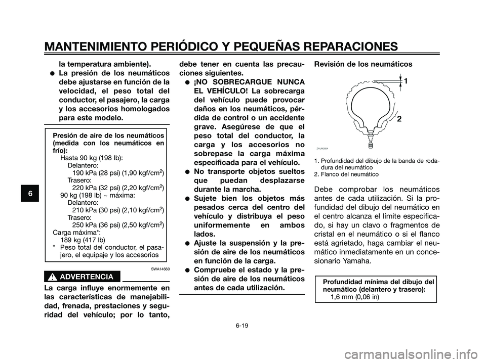 YAMAHA XMAX 125 2008 Manuale de Empleo (in Spanish) la temperatura ambiente).
●La presión de los neumáticos
debe ajustarse en función de la
velocidad, el peso total del
conductor, el pasajero, la carga
y los accesorios homologados
para este modelo YAMAHA XMAX 125 2008 Manuale de Empleo (in Spanish) la temperatura ambiente).
●La presión de los neumáticos
debe ajustarse en función de la
velocidad, el peso total del
conductor, el pasajero, la carga
y los accesorios homologados
para este modelo
