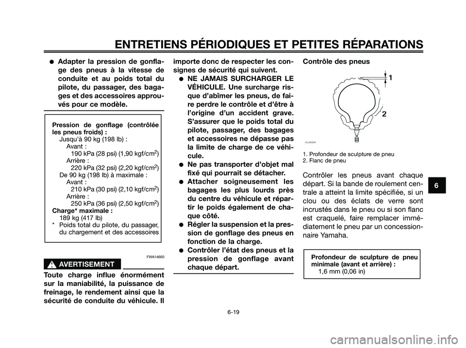 YAMAHA XMAX 125 2008 Notices Demploi (in French) ●Adapter la pression de gonfla-
ge des pneus à la vitesse de
conduite et au poids total du
pilote, du passager, des baga-
ges et des accessoires approu-
vés pour ce modèle.
FWA14660
s s
AVERTISEM YAMAHA XMAX 125 2008 Notices Demploi (in French) ●Adapter la pression de gonfla-
ge des pneus à la vitesse de
conduite et au poids total du
pilote, du passager, des baga-
ges et des accessoires approu-
vés pour ce modèle.
FWA14660
s s
AVERTISEM