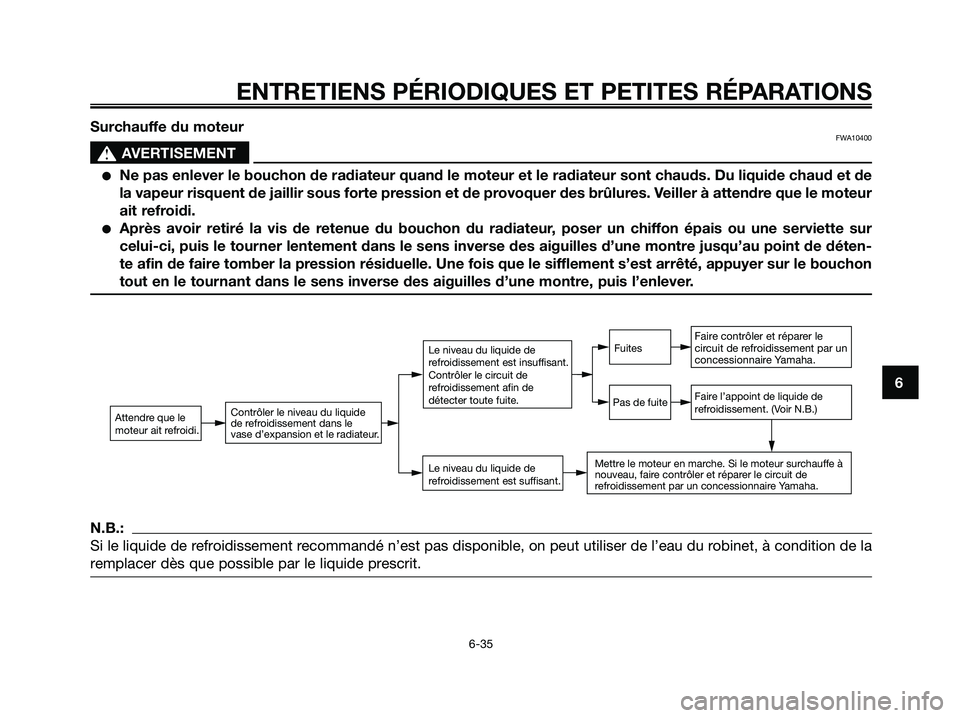 YAMAHA XMAX 125 2008 Notices Demploi (in French) ENTRETIENS PÉRIODIQUES ET PETITES RÉPARATIONS
6-35
6 Surchauffe du moteur
FWA10400
s s
AVERTISEMENT
●Ne pas enlever le bouchon de radiateur quand le moteur et le radiateur sont chauds. Du liquide YAMAHA XMAX 125 2008 Notices Demploi (in French) ENTRETIENS PÉRIODIQUES ET PETITES RÉPARATIONS
6-35
6 Surchauffe du moteur
FWA10400
s s
AVERTISEMENT
●Ne pas enlever le bouchon de radiateur quand le moteur et le radiateur sont chauds. Du liquide