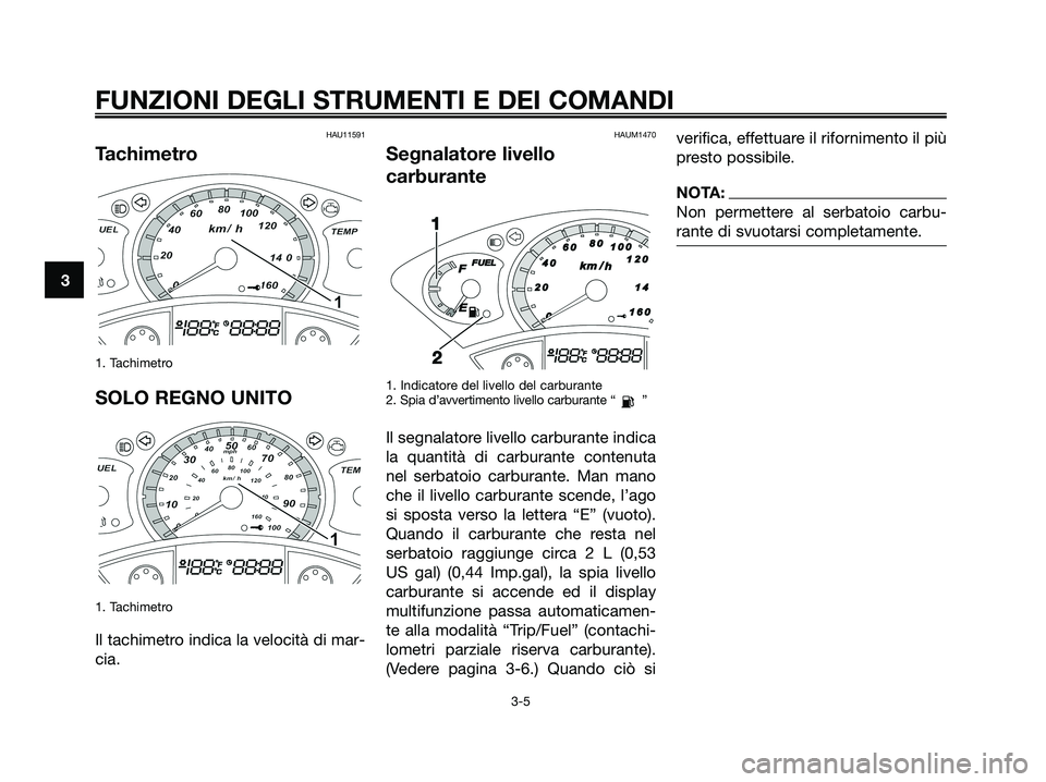 YAMAHA XMAX 125 2008 Manuale duso (in Italian) HAU11591
Tachimetro
1. Tachimetro
SOLO REGNO UNITO
1. Tachimetro
Il tachimetro indica la velocità di mar-
cia.
HAUM1470
Segnalatore livello
carburante
1. Indicatore del livello del carburante
2. Spia YAMAHA XMAX 125 2008 Manuale duso (in Italian) HAU11591
Tachimetro
1. Tachimetro
SOLO REGNO UNITO
1. Tachimetro
Il tachimetro indica la velocità di mar-
cia.
HAUM1470
Segnalatore livello
carburante
1. Indicatore del livello del carburante
2. Spia