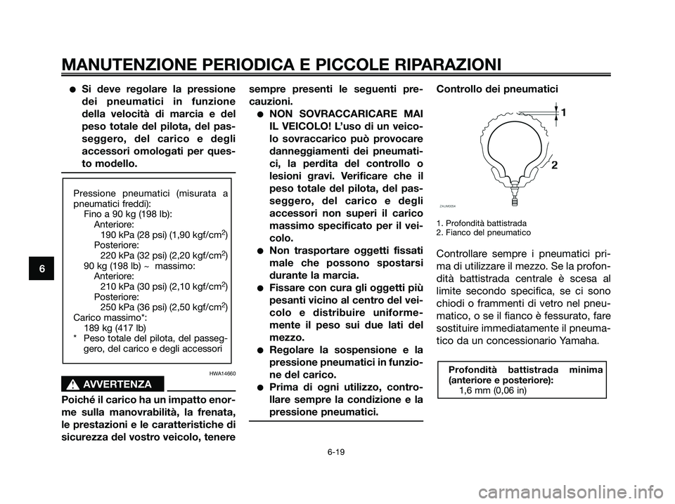 YAMAHA XMAX 125 2008 Manuale duso (in Italian) ●Si deve regolare la pressione
dei pneumatici in funzione
della velocità di marcia e del
peso totale del pilota, del pas-
seggero, del carico e degli
accessori omologati per ques-
to modello.
HWA14 YAMAHA XMAX 125 2008 Manuale duso (in Italian) ●Si deve regolare la pressione
dei pneumatici in funzione
della velocità di marcia e del
peso totale del pilota, del pas-
seggero, del carico e degli
accessori omologati per ques-
to modello.
HWA14