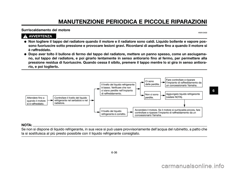 YAMAHA XMAX 125 2008 Manuale duso (in Italian) MANUTENZIONE PERIODICA E PICCOLE RIPARAZIONI
6-36
6 Surriscaldamento del motore
HWA10400
s s
AVVERTENZA
●Non togliere il tappo del radiatore quando il motore e il radiatore sono caldi. Liquido bolle YAMAHA XMAX 125 2008 Manuale duso (in Italian) MANUTENZIONE PERIODICA E PICCOLE RIPARAZIONI
6-36
6 Surriscaldamento del motore
HWA10400
s s
AVVERTENZA
●Non togliere il tappo del radiatore quando il motore e il radiatore sono caldi. Liquido bolle