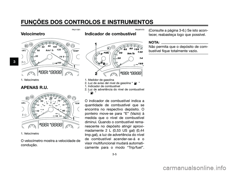 YAMAHA XMAX 125 2008  Manual de utilização (in Portuguese) PAU11591
Velocímetro
1. Velocímetro
APENAS R.U.
1. Velocímetro
O velocímetro mostra a velocidade de
condução.
PAUM1470
Indicador de combustível
1. Medidor de gasolina
2. Luz de aviso del nivel 