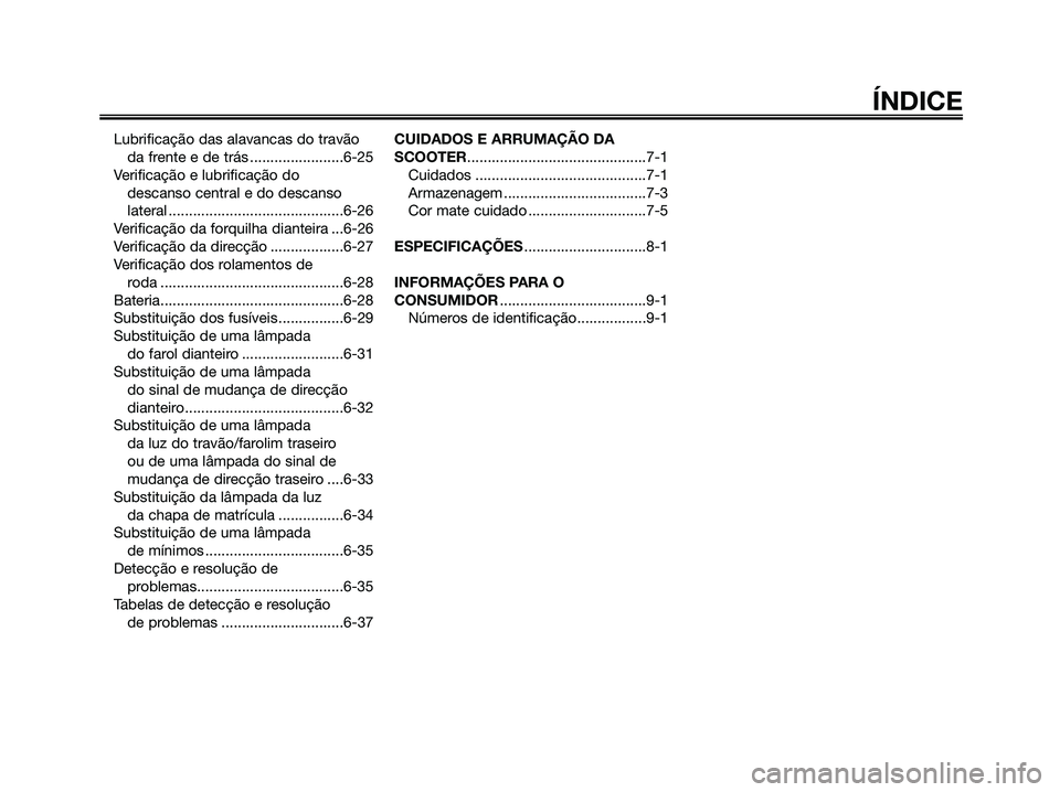 YAMAHA XMAX 125 2008  Manual de utilização (in Portuguese) Lubrificação das alavancas do travão
da frente e de trás .......................6-25
Verificação e lubrificação do 
descanso central e do descanso
lateral .....................................