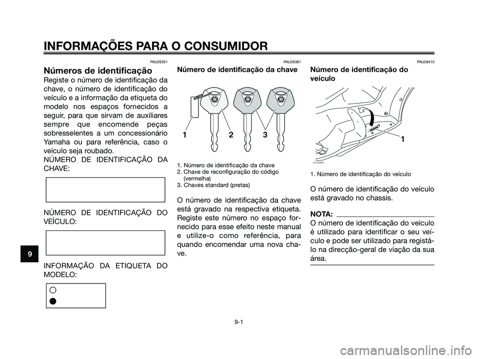 YAMAHA XMAX 125 2008 Manual de utilização (in Portuguese) PAU26351
Números de identificação
Registe o número de identificação da
chave, o número de identificação do
veículo e a informação da etiqueta do
modelo nos espaços fornecidos a
seguir, pa YAMAHA XMAX 125 2008 Manual de utilização (in Portuguese) PAU26351
Números de identificação
Registe o número de identificação da
chave, o número de identificação do
veículo e a informação da etiqueta do
modelo nos espaços fornecidos a
seguir, pa