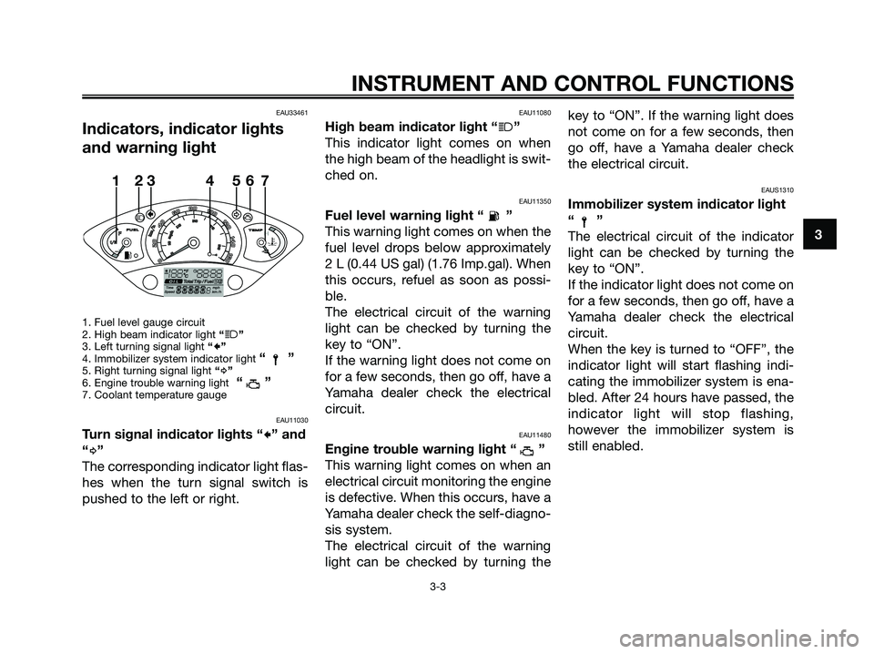 YAMAHA XMAX 125 2007 User Guide EAU33461
Indicators, indicator lights
and warning light
1. Fuel level gauge circuit
2. High beam indicator light“j”
3. Left turning signal light“c”
4. Immobilizer system indicator light “”