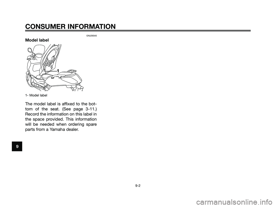 YAMAHA XMAX 125 2007 Manual PDF EAU26540
Model label
1- Model label
The model label is affixed to the bot-
tom of the seat. (See page 3-11.)
Record the information on this label in
the space provided. This information
will be needed YAMAHA XMAX 125 2007 Manual PDF EAU26540
Model label
1- Model label
The model label is affixed to the bot-
tom of the seat. (See page 3-11.)
Record the information on this label in
the space provided. This information
will be needed