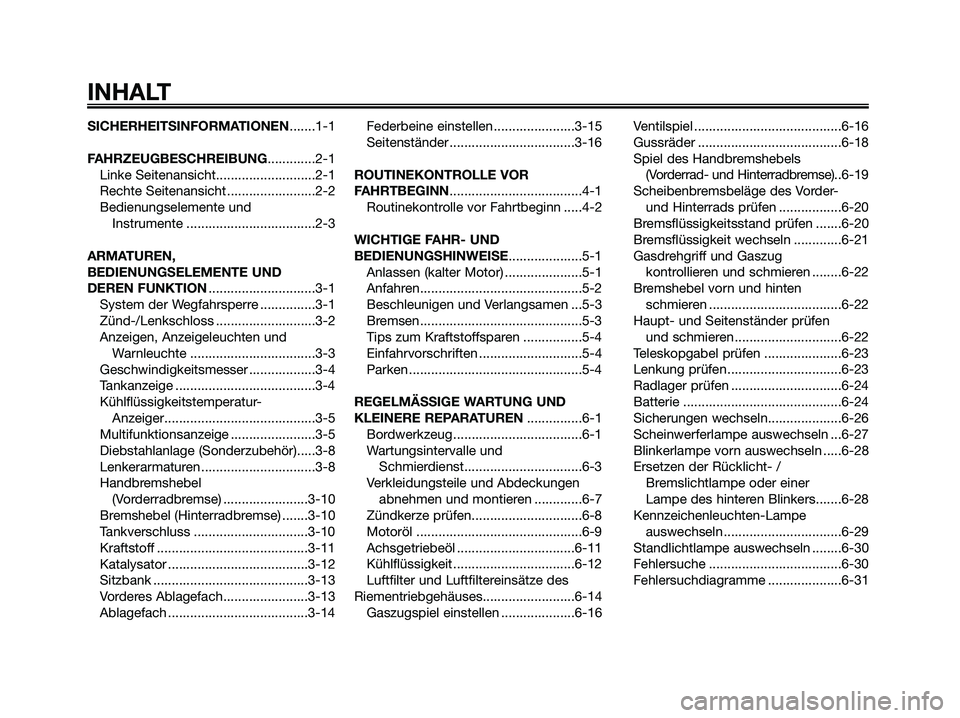 YAMAHA XMAX 125 2007  Betriebsanleitungen (in German) SICHERHEITSINFORMATIONEN.......1-1
FAHRZEUGBESCHREIBUNG.............2-1
Linke Seitenansicht...........................2-1
Rechte Seitenansicht ........................2-2
Bedienungselemente und 
Instr