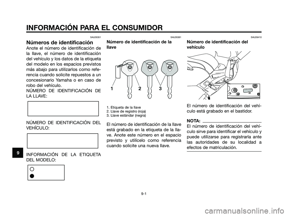 YAMAHA XMAX 125 2007  Manuale de Empleo (in Spanish) SAU26351
Números de identificación
Anote el número de identificación de
la llave, el número de identificación
del vehículo y los datos de la etiqueta
del modelo en los espacios previstos
más a