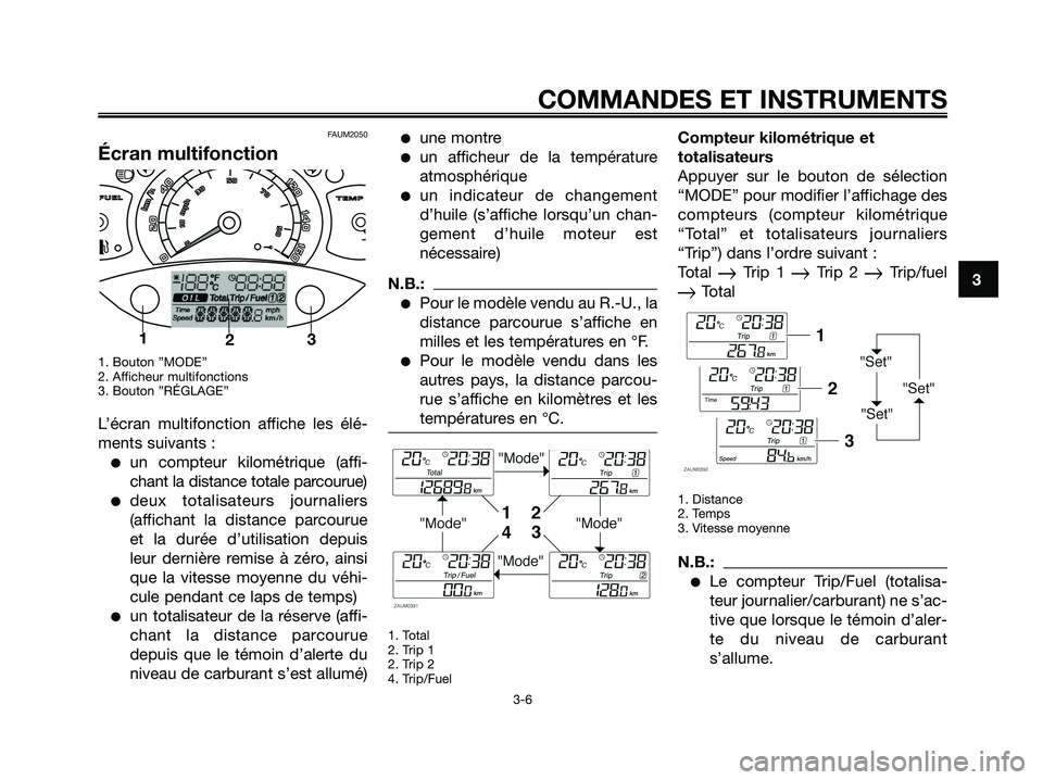 YAMAHA XMAX 125 2007  Notices Demploi (in French) FAUM2050
Écran multifonction
1. Bouton ”MODE”
2. Afficheur multifonctions
3. Bouton ”RÉGLAGE”
L’écran multifonction affiche les élé-
ments suivants :
un compteur kilométrique (affi-
c