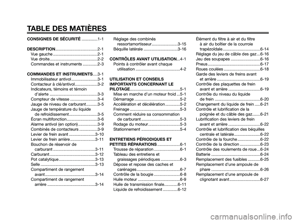 YAMAHA XMAX 125 2007 Notices Demploi (in French) CONSIGNES DE SÉCURITÉ..............1-1
DESCRIPTION.....................................2-1
Vue gauche .......................................2-1
Vue droite..........................................2 YAMAHA XMAX 125 2007 Notices Demploi (in French) CONSIGNES DE SÉCURITÉ..............1-1
DESCRIPTION.....................................2-1
Vue gauche .......................................2-1
Vue droite..........................................2