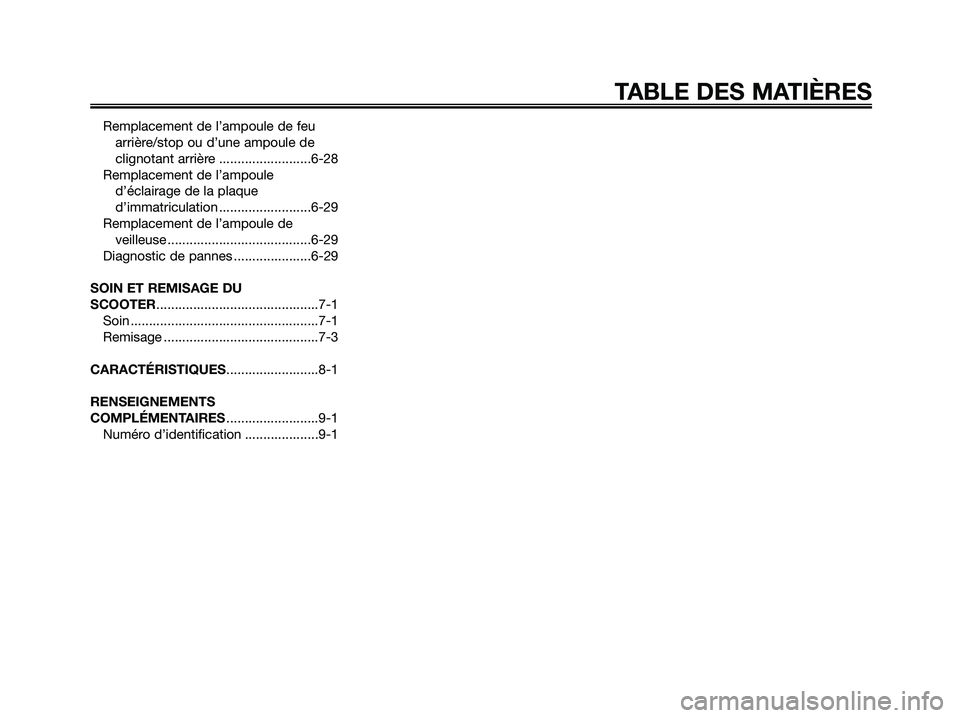 YAMAHA XMAX 125 2007  Notices Demploi (in French) Remplacement de l’ampoule de feu 
arrière/stop ou d’une ampoule de 
clignotant arrière .........................6-28
Remplacement de l’ampoule 
d’éclairage de la plaque 
d’immatriculation