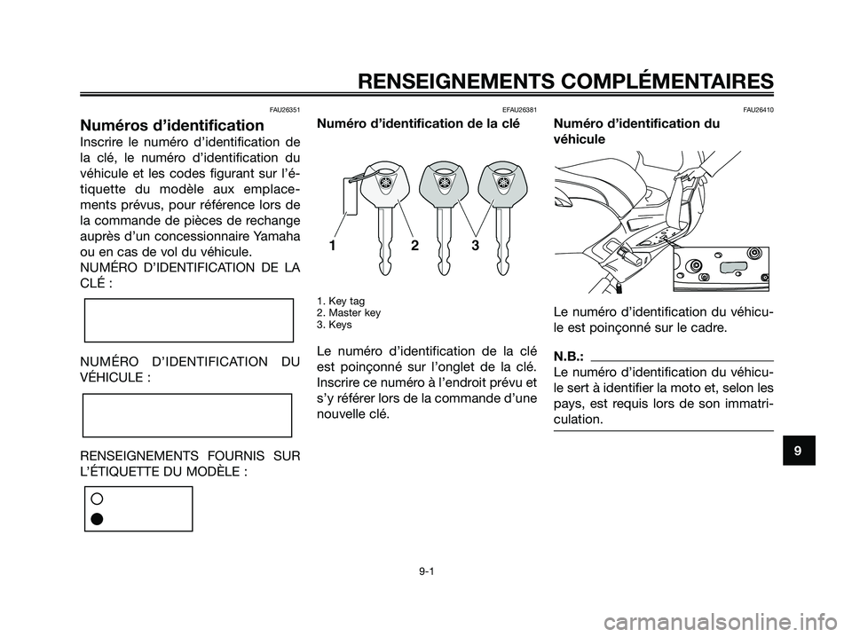 YAMAHA XMAX 125 2007  Notices Demploi (in French) FAU26351
Numéros d’identification
Inscrire le numéro d’identification de
la clé, le numéro d’identification du
véhicule et les codes figurant sur l’é-
tiquette du modèle aux emplace-
me