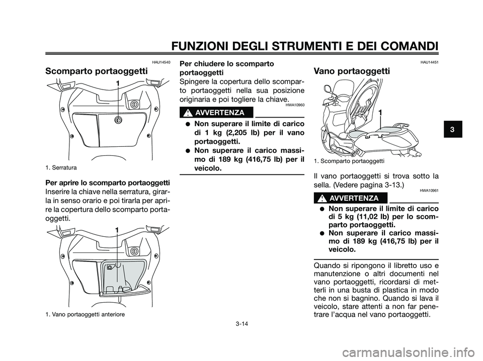 YAMAHA XMAX 125 2007  Manuale duso (in Italian) HAU14540
Scomparto portaoggetti
1. Serratura
Per aprire lo scomparto portaoggetti
Inserire la chiave nella serratura, girar-
la in senso orario e poi tirarla per apri-
re la copertura dello scomparto 