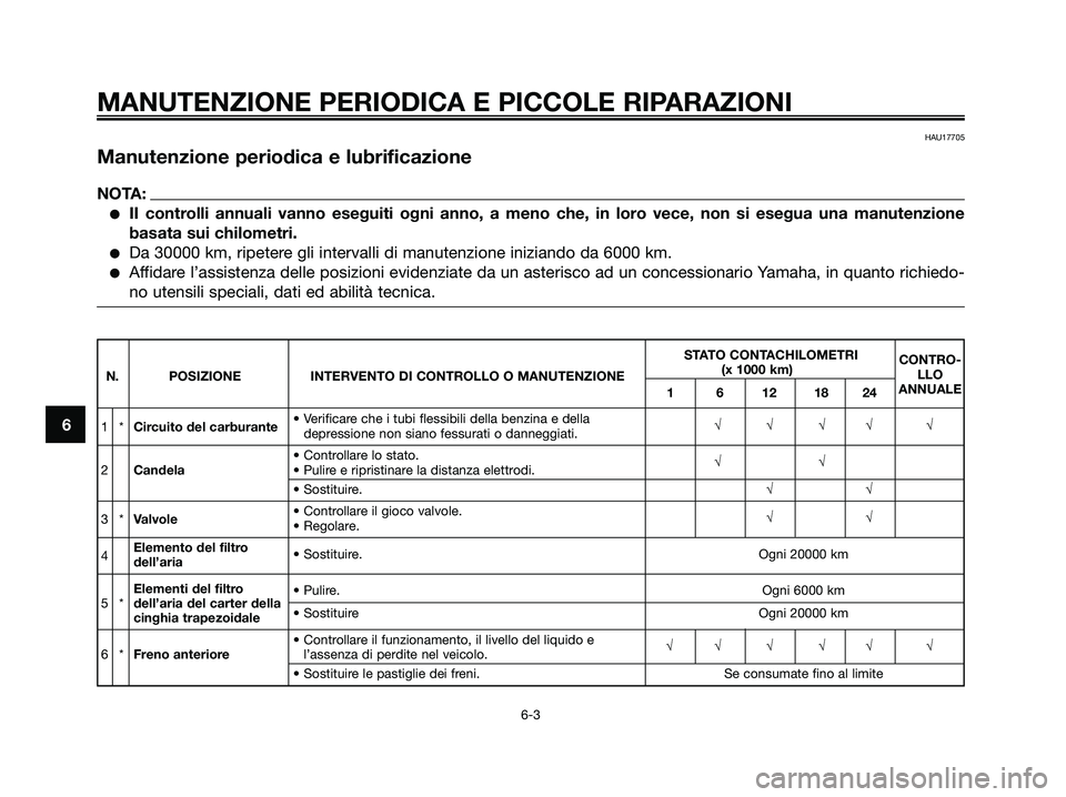 YAMAHA XMAX 125 2007  Manuale duso (in Italian) 6
MANUTENZIONE PERIODICA E PICCOLE RIPARAZIONI
6-3
HAU17705
Manutenzione periodica e lubrificazione
NOTA:
II controlli annuali vanno eseguiti ogni anno, a meno che, in loro vece, non si esegua una ma