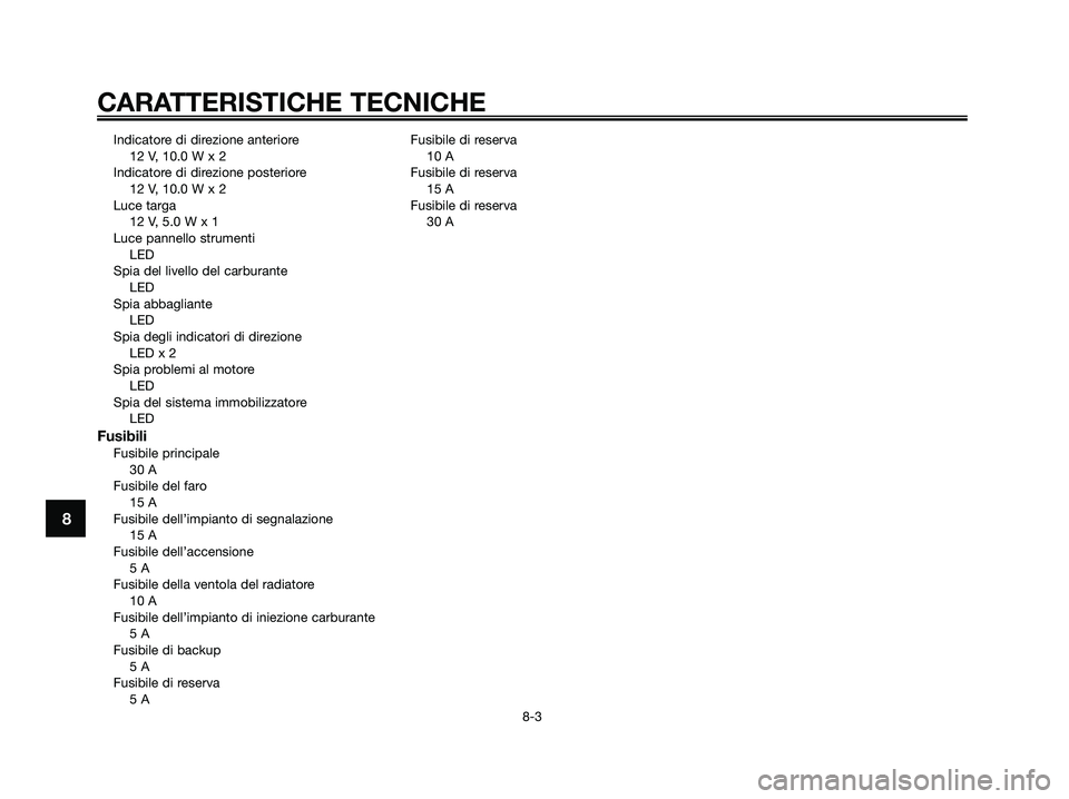 YAMAHA XMAX 125 2007  Manuale duso (in Italian) Indicatore di direzione anteriore
12 V, 10.0 W x 2
Indicatore di direzione posteriore
12 V, 10.0 W x 2
Luce targa
12 V, 5.0 W x 1
Luce pannello strumenti
LED
Spia del livello del carburante
LED
Spia a
