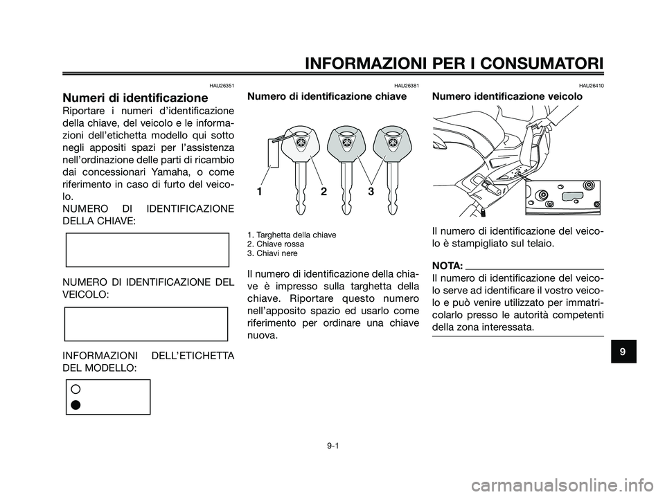 YAMAHA XMAX 125 2007  Manuale duso (in Italian) HAU26351
Numeri di identificazione
Riportare i numeri d’identificazione
della chiave, del veicolo e le informa-
zioni dell’etichetta modello qui sotto
negli appositi spazi per l’assistenza
nell