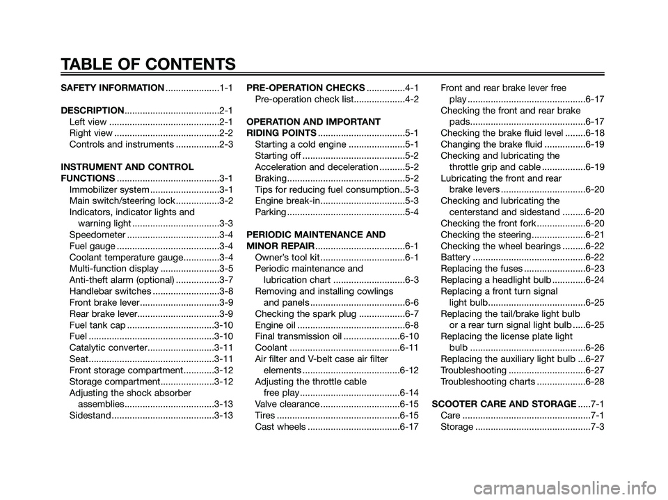 YAMAHA XMAX 125 2006  Owners Manual SAFETY INFORMATION.....................1-1
DESCRIPTION.....................................2-1
Left view ...........................................2-1
Right view .....................................