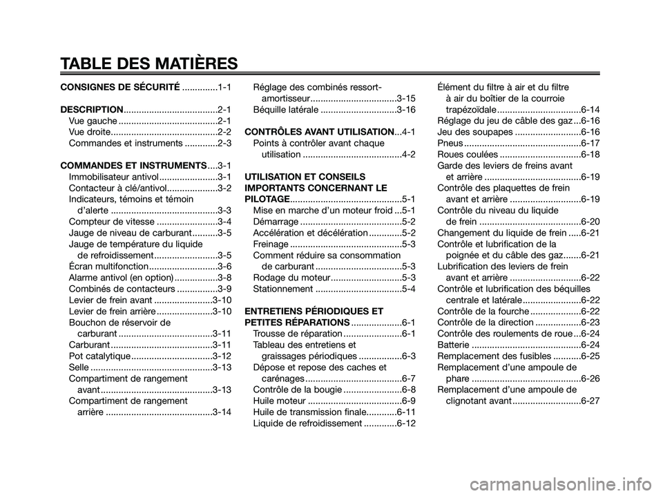 YAMAHA XMAX 125 2006 Notices Demploi (in French) CONSIGNES DE SÉCURITÉ..............1-1
DESCRIPTION.....................................2-1
Vue gauche .......................................2-1
Vue droite..........................................2 YAMAHA XMAX 125 2006 Notices Demploi (in French) CONSIGNES DE SÉCURITÉ..............1-1
DESCRIPTION.....................................2-1
Vue gauche .......................................2-1
Vue droite..........................................2
