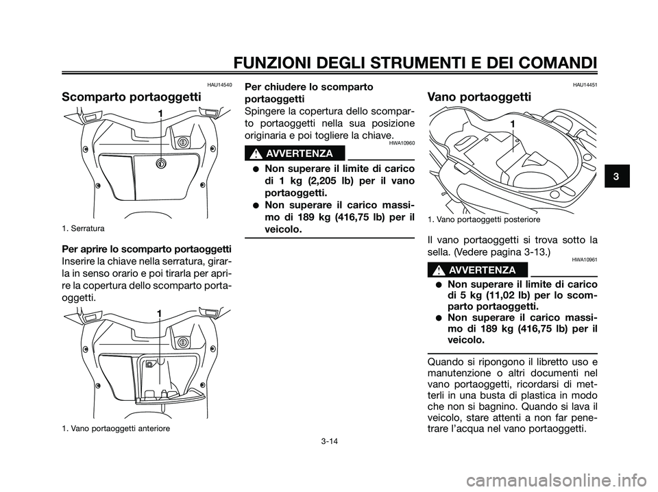 YAMAHA XMAX 125 2006  Manuale duso (in Italian) HAU14540
Scomparto portaoggetti
1. Serratura
Per aprire lo scomparto portaoggetti
Inserire la chiave nella serratura, girar-
la in senso orario e poi tirarla per apri-
re la copertura dello scomparto 