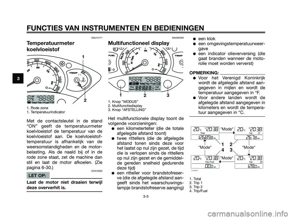 YAMAHA XMAX 125 2006  Instructieboekje (in Dutch) DAU12171
Temperatuurmeter
koelvloeistof
1. Rode zone
1. Temperatuurindicator
Met de contactsleutel in de stand
“ON” geeft de temperatuurmeter
koelvloeistof de temperatuur van de
koelvloeistof aan.