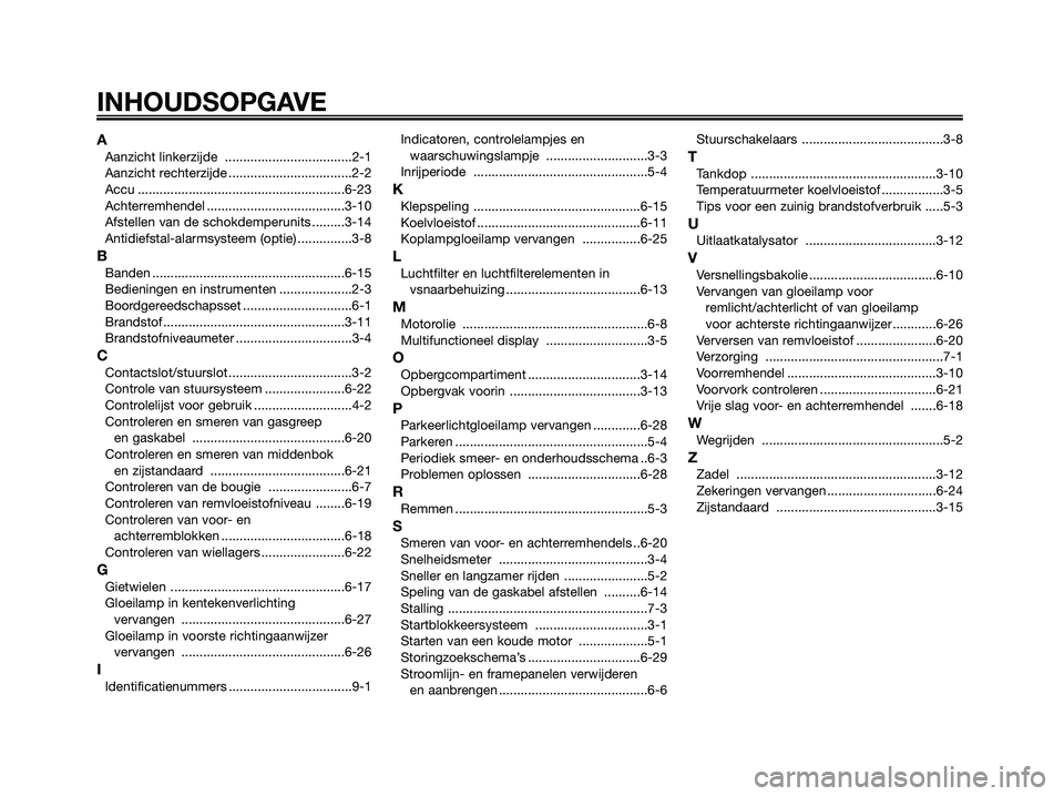 YAMAHA XMAX 125 2006  Instructieboekje (in Dutch) AAanzicht linkerzijde  ...................................2-1
Aanzicht rechterzijde ..................................2-2
Accu .........................................................6-23
Achterremhe