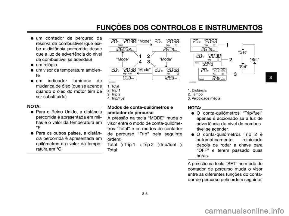 YAMAHA XMAX 125 2006  Manual de utilização (in Portuguese) um contador de percurso da
reserva de combustível (que exi-
be a distância percorrida desde
que a luz de advertência do nível
de combustível se acendeu)
um relógio
um visor da temperatura amb